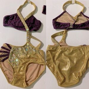 Glamour solo dance costume purple gold embellished rhinestone two piece style LC